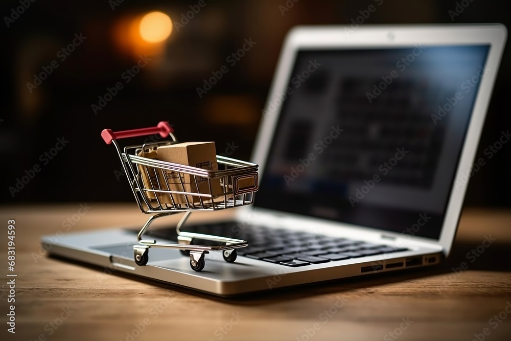 Laptop with small shopping cart concept of online shopping 