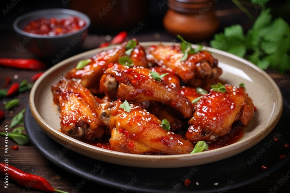 Photo baked chicken wings in the asian style and tomatoes sauce on plate, copy space , generative ai Photo baked chicken wings in the asian style and tomatoes sauce on plate, copy space , generative ai