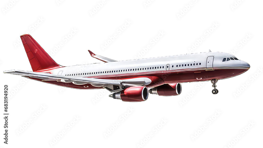 Red and white airplane isolated on white png transparent background