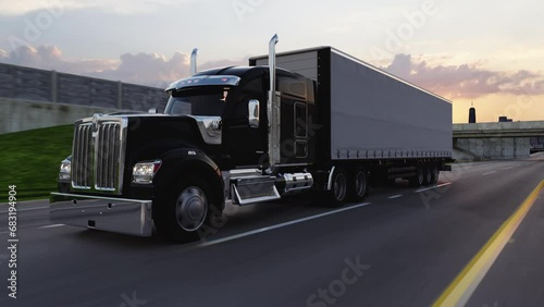 American style truck on freeway pulling load. Transportation theme. 4k 3D illustration photo