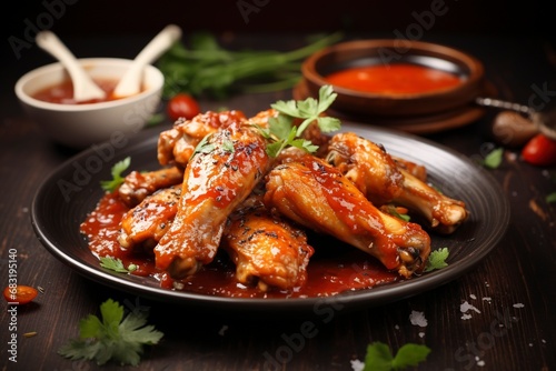Photo baked chicken wings in the asian style and tomatoes sauce on plate, copy space , generative ai © Nia™