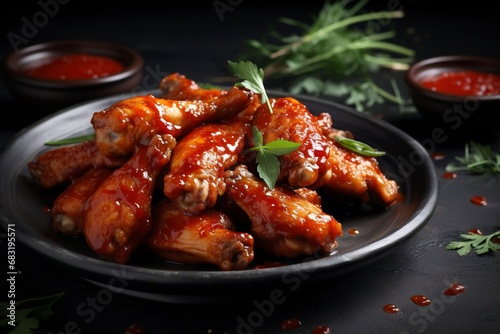 Photo baked chicken wings in the asian style and tomatoes sauce on plate, copy space , generative ai