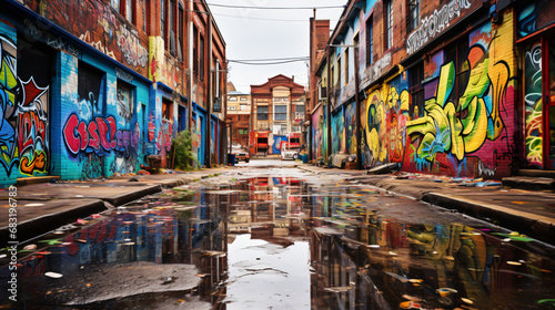 Street art and graffiti burst to life on the weathered brick walls in urban alleyways.