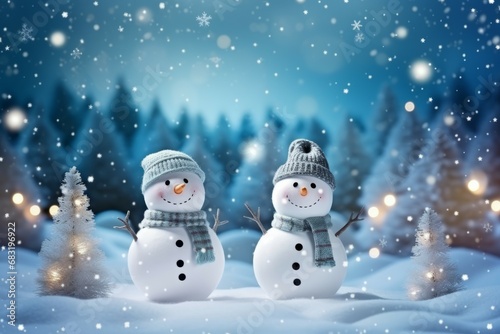 Winter background with snowmen in a Christmas landscape