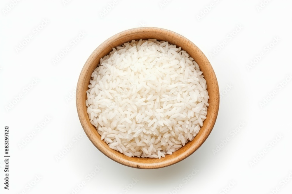 White background Wooden bowl with rice Top view Flat lay White background Wooden bowl with rice Top view Flat lay
