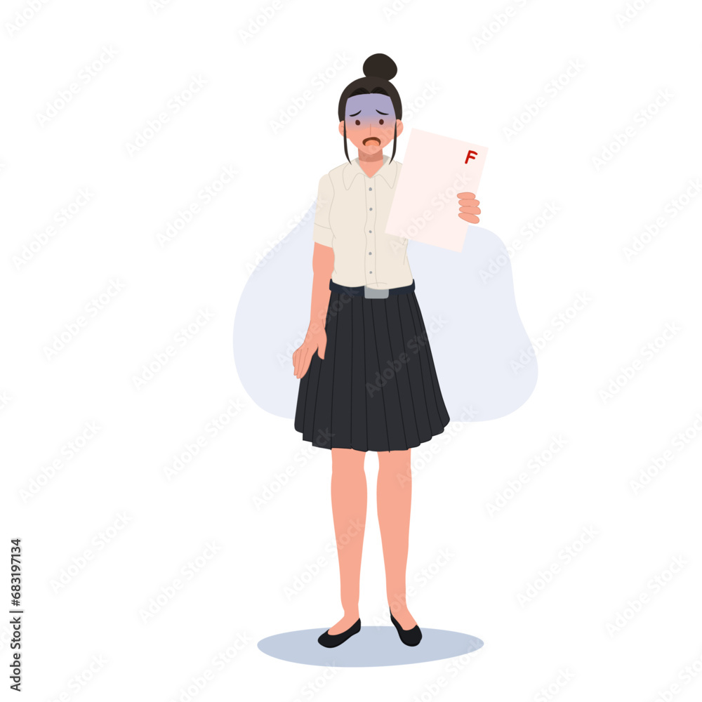 Academic Stress concept. Thai university student in uniform Receives F Grade Academic Stress concept. Thai university student in uniform Receives F Grade