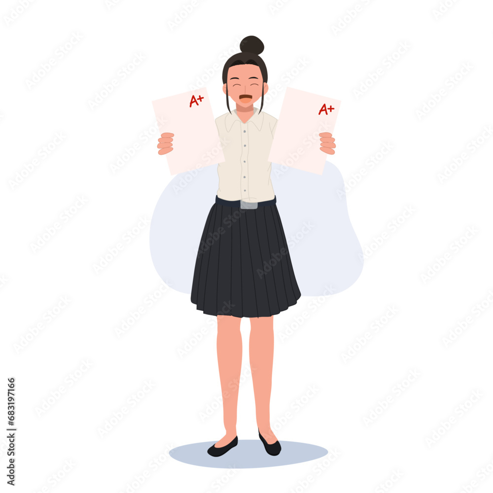 Thai University Student in Uniform Celebrating Score A+. proundly showing score Thai University Student in Uniform Celebrating Score A+. proundly showing score