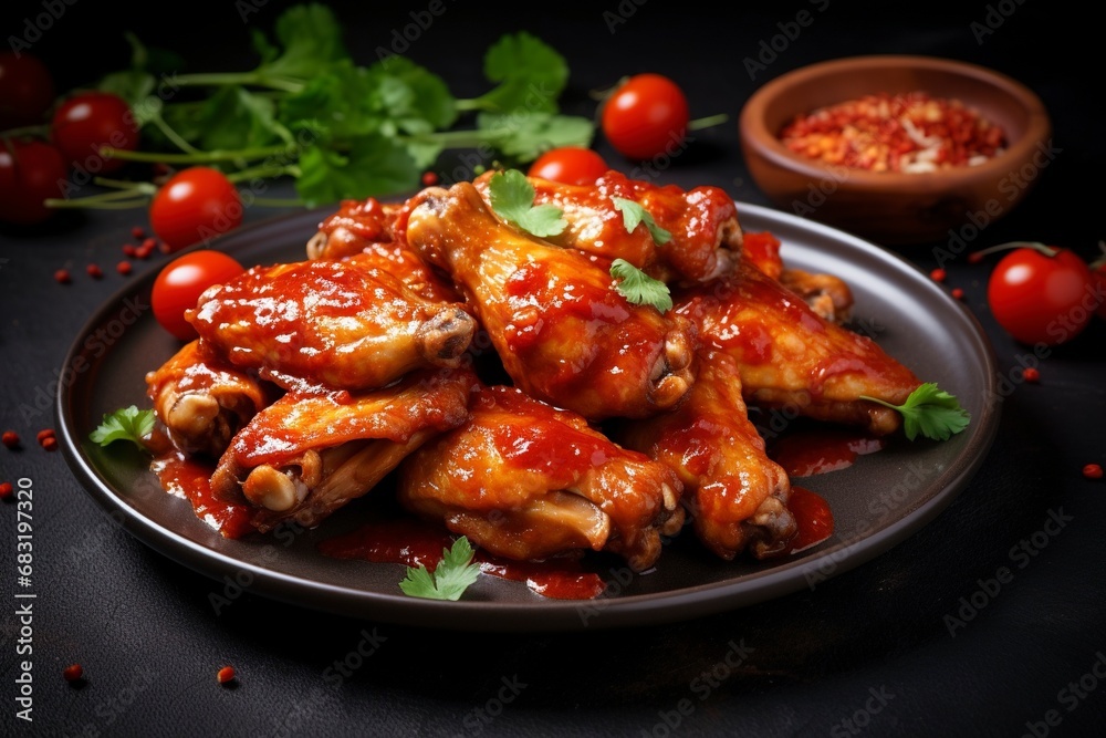 Photo baked chicken wings in the asian style and tomatoes sauce on plate, copy space , generative ai