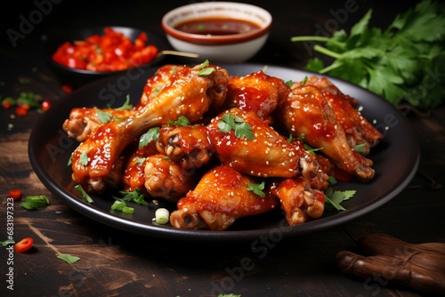 Photo baked chicken wings in the asian style and tomatoes sauce on plate, copy space , generative ai