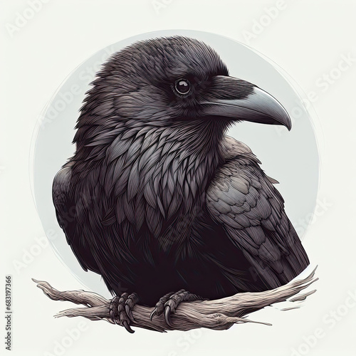 Black crow on a branch. Ai Generated.