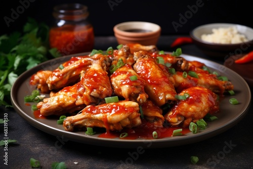 Photo baked chicken wings in the asian style and tomatoes sauce on plate, copy space , generative ai © Nia™