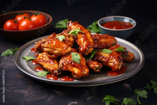 Photo baked chicken wings in the asian style and tomatoes sauce on plate, copy space , generative ai