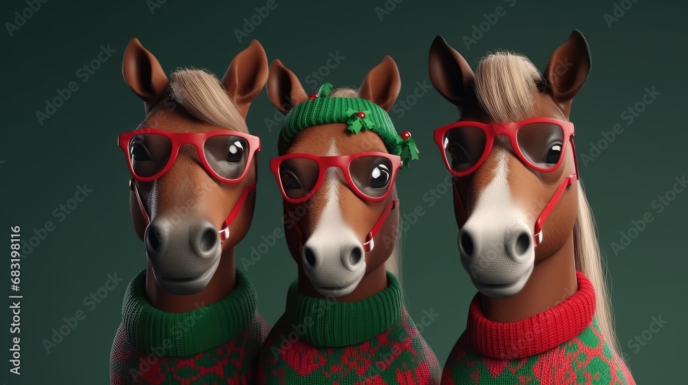 Cute Horse Family wearing red ugly Christmas sweater Portrait, glasses, fluffy fur, xmas, Equine, adorable smart cat, christmas card, purebred domestic animal, xmaspunk, green background wallpaper