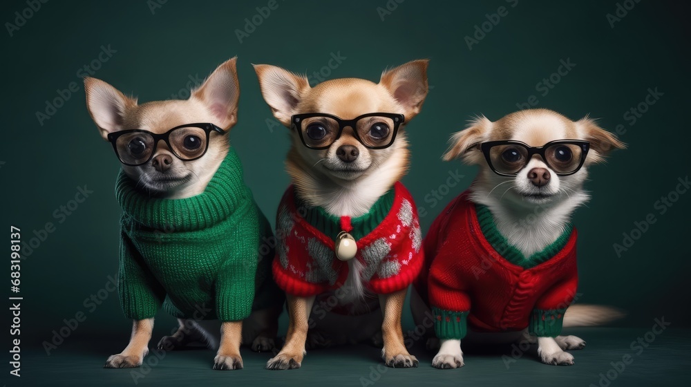 Cute Dog wearing red ugly Christmas sweater Portrait, glasses, white fur, xmas pet, chihuahua puppy, adorable winter dog, christmas card, purebred domestic animal, xmaspunk, green background wallpaper Cute Dog wearing red ugly Christmas sweater Portrait, glasses, white fur, xmas pet, chihuahua puppy, adorable winter dog, christmas card, purebred domestic animal, xmaspunk, green background wallpaper