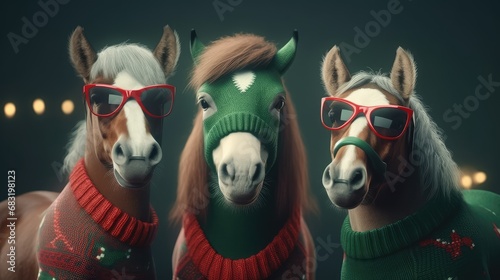 Cute Horse Family wearing red ugly Christmas sweater Portrait, glasses, fluffy fur, xmas, Equine, adorable smart cat, christmas card, purebred domestic animal, xmaspunk, green background wallpaper photo