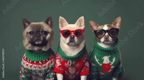 Cute Dog wearing red ugly Christmas sweater Portrait, glasses, mixed fur, xmas pet, chihuahua puppy, adorable winter dog, christmas card, purebred domestic animal, xmaspunk, green background wallpaper © Leo