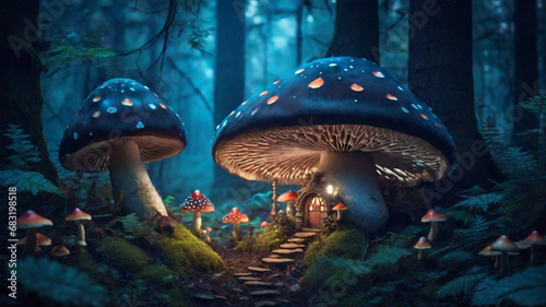 Magical mushrooms home in a dark mystery forest. Ai generative © AI Stocks