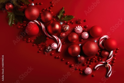 Red christmas baubles and candy canes on red background with copy space, in the style of detailed foliage, cardboard, subtle, bright red christmas backgrounds, red christmas decoration wallpaper photo