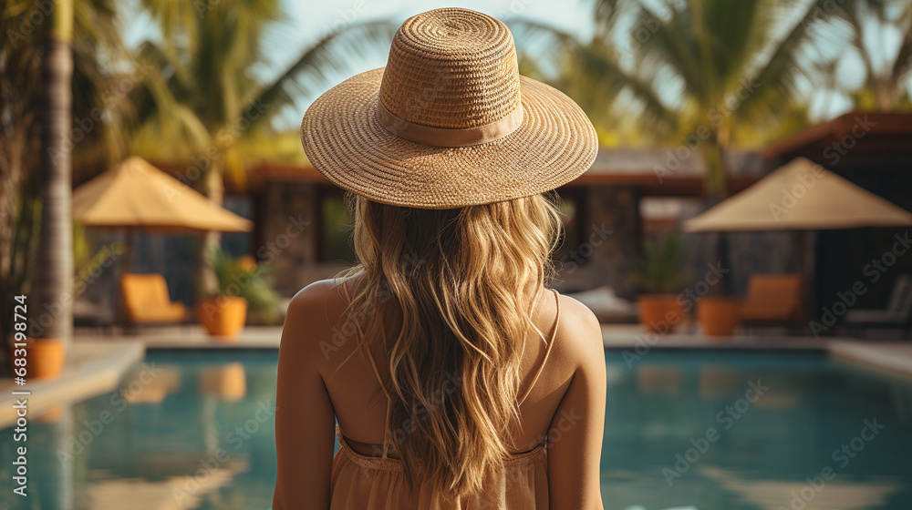woman in a hat on the terrace HD 8K wallpaper Stock Photographic Image 