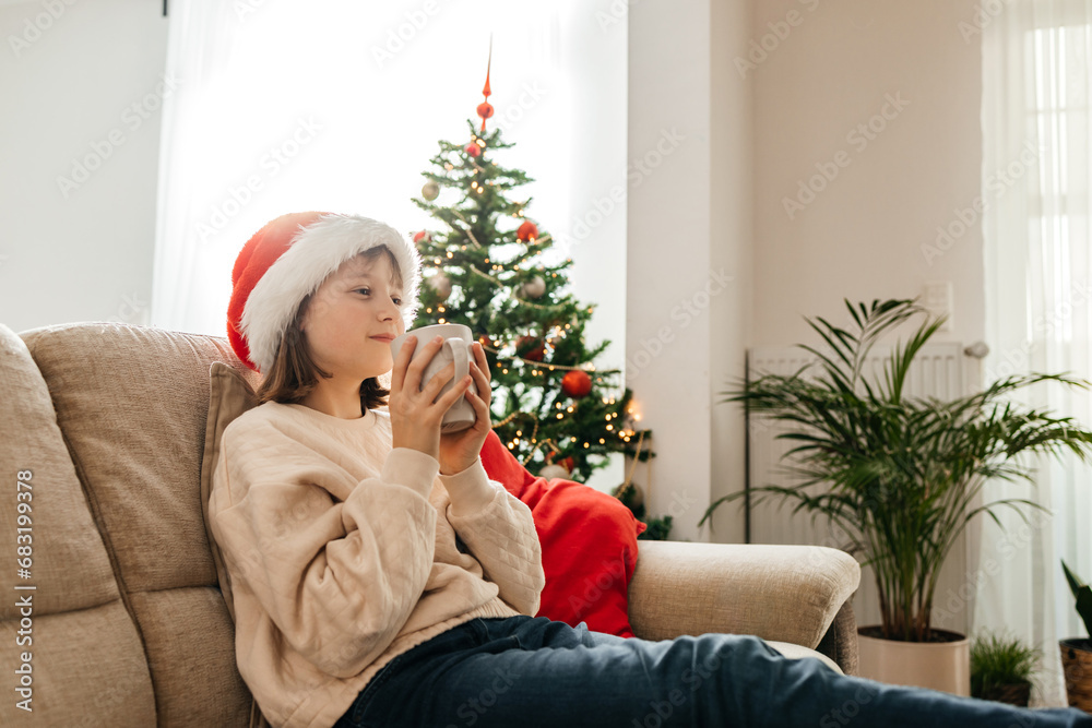 A teenage girl drinks hot chocolate or cocoa while sitting on the sofa in the living room next to the Christmas tree. Enjoyment and relaxation while waiting for New Year and Christmas. A teenage girl drinks hot chocolate or cocoa while sitting on the sofa in the living room next to the Christmas tree. Enjoyment and relaxation while waiting for New Year and Christmas.