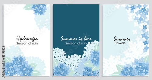 Hydrangea card invitation set with blue floral watercolor frame. Vector banners set with hydrangea flowers.