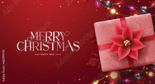 Merry christmas greeting vector design. Christmas greeting card in red elegant background with pattern gift box and poinsettia flower ornaments. Vector illustration holiday season red greeting card.
