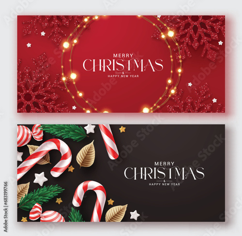 Merry christmas greeting card vector set banner. Christmas greeting card collection with red snowflakes, xmas lights and candy cane ornaments for holiday gift tags collection. Vector illustration new 