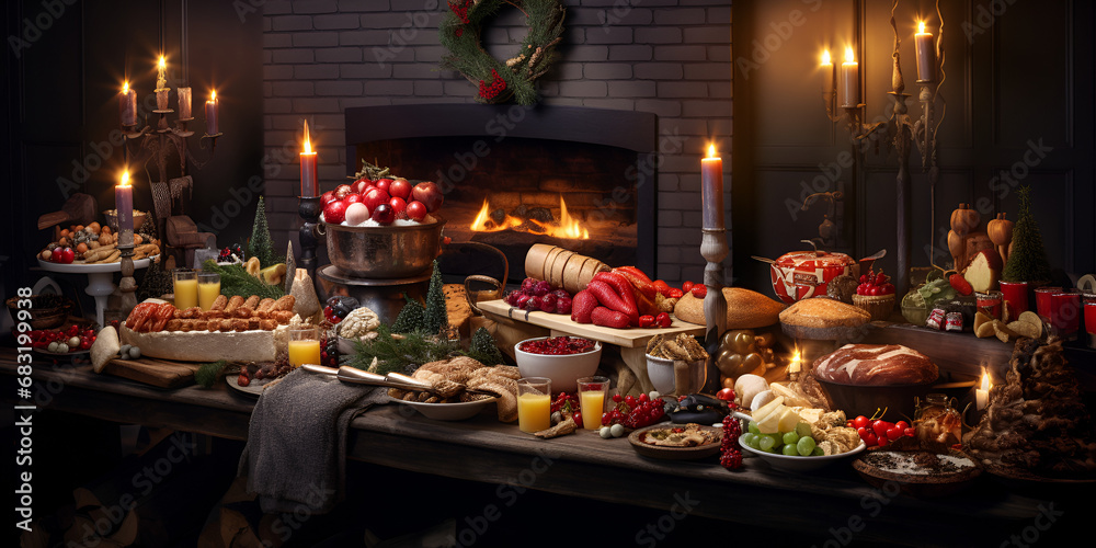 Holiday table different Christmas snacks decor merry winter decoration gourmet greeting  Merry and Delicious Winter Decor and Christmas Snacks