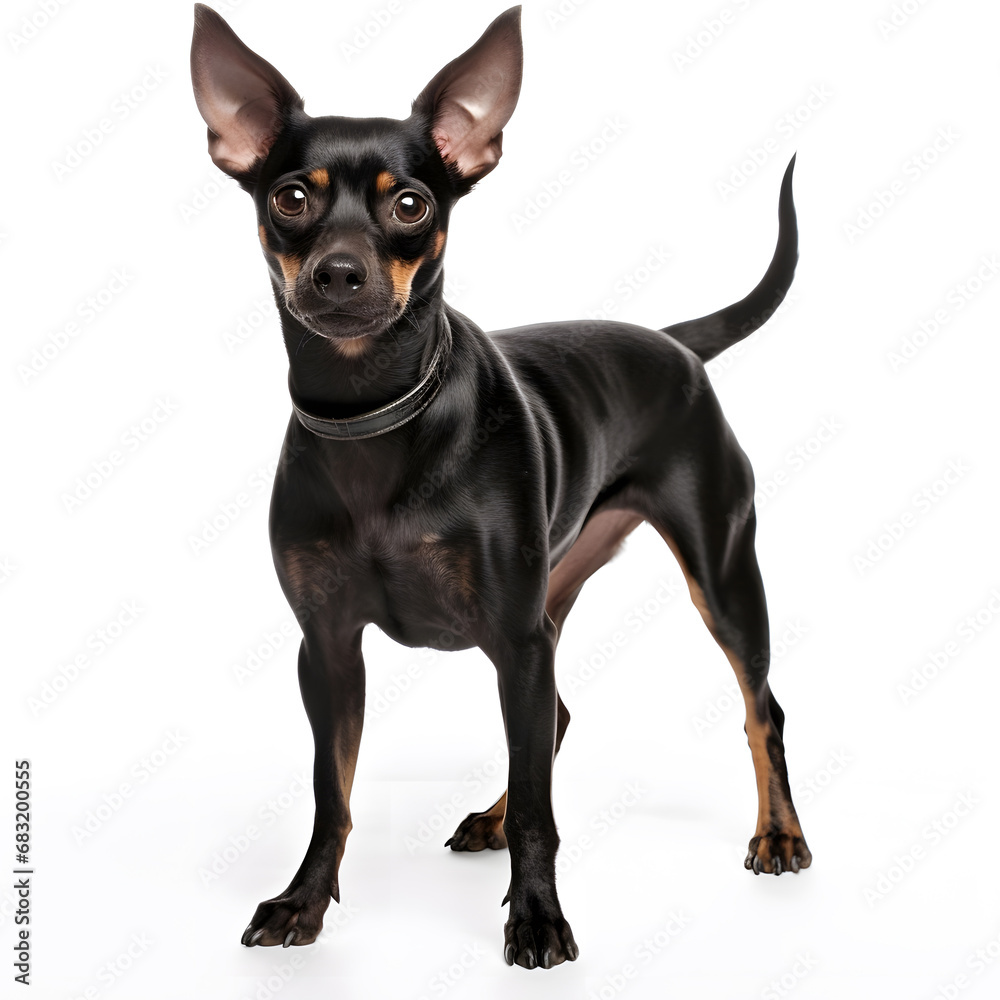 Black English, Manchester Toy Terrier Dog Isolated on White Background - Generative AI Black English, Manchester Toy Terrier Dog Isolated on White Background - Generative AI