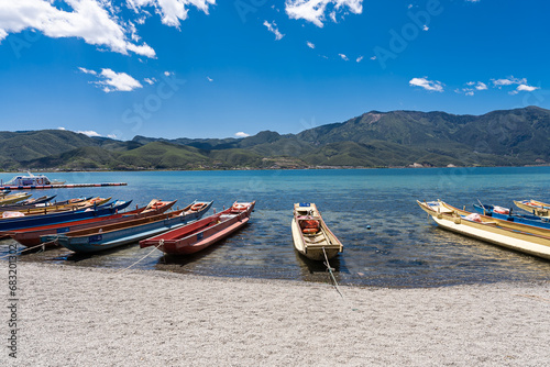 Piggery boats docked on Lugu Lake