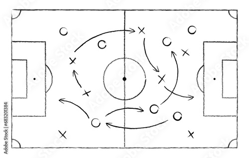 Soccer strategy field, football game tactic drawing on chalkboard. Hand drawn soccer game scheme, learning diagram with arrows and players on board, sport plan outline vector illustration photo