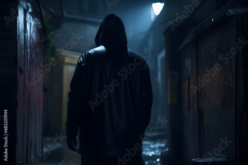 Night scene with back view of man in hood in alley. Concept for crime, robbery and assault