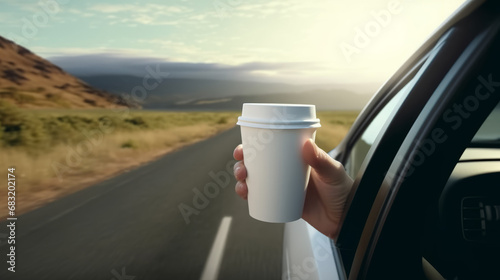 hand with a white paper coffee cup stretched out of the window of a car driving in nature. photo