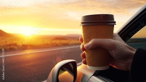 men hand with a paper coffee cup stretched out of the window of a car driving in nature, on sunset photo