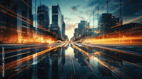 light trails and reflections on night city of newyork