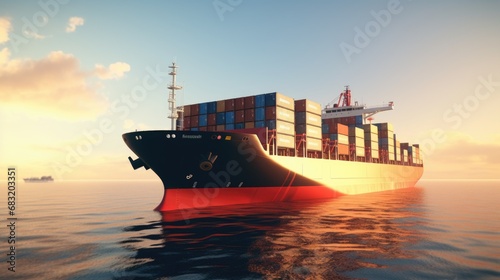 Big transport ship with containers with goods on the open sea.