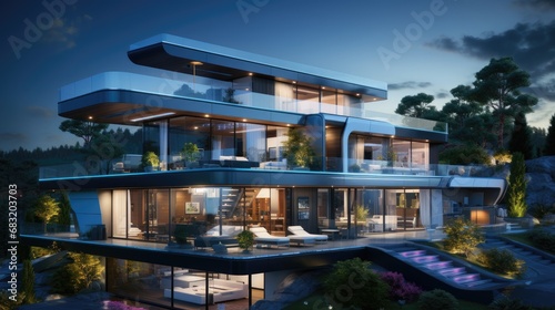 3d rendering of modern cozy house with pool and parking for sale or rent in luxurious style and beautiful landscaping on background. Clear summer night with many stars on the sky. © Rozeena