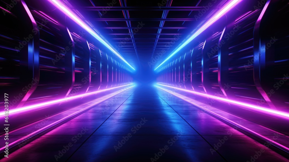 Futuristic colorful cyberpunk glowing light through the tunnel background.