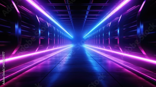 Futuristic colorful cyberpunk glowing light through the tunnel background. © Rozeena