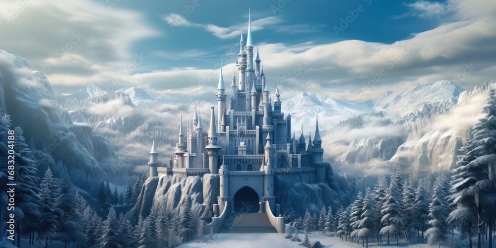 the enchantment of a fairy-tale winter scene, with a castle covered in snow and holiday enchantment