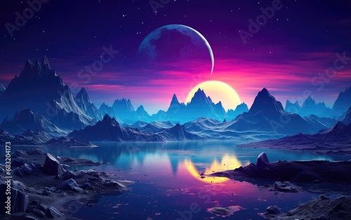Fantasy alien planet. Mountain and lake. 3D illustration. Alien planet landscape for space game background,