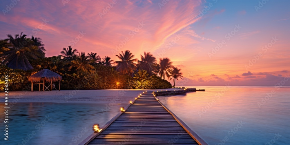 Sunset on Maldives island, luxury water villas resort and wooden pier. Beautiful sky and clouds and beach background for summer vacation holiday and travel concept - obrazy, fototapety, plakaty 