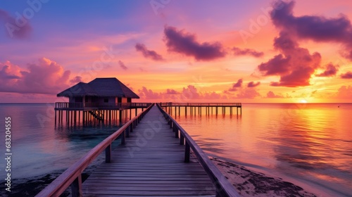 Sunset on Maldives island, luxury water villas resort and wooden pier. Beautiful sky and clouds and beach background for summer vacation holiday and travel concept © Rozeena
