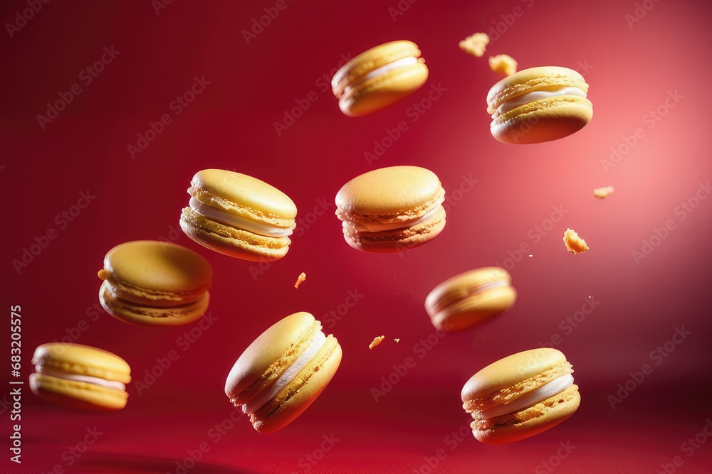 Flying macaroons on a red background. Place for your text Flying macaroons on a red background. Place for your text