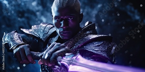 close-up of a dark elf in black armor with a violet glowing sword