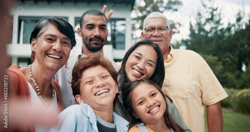 Happy, selfie and face of big family at their home with funny expression for bonding together in garden. Smile, goofy and portrait of children taking a picture with parents and grandparents at house. photo