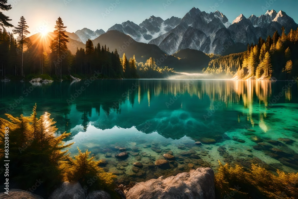 **impressive summer sunrise on eibsee lake with zugspitze mountain range sunny outdoor scene in german alps bavaria germany europe beauty of nature concept background - - obrazy, fototapety, plakaty 