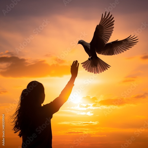 Silhouette of a pigeon against a sunrise/sunset backdrop with hands © Furqan