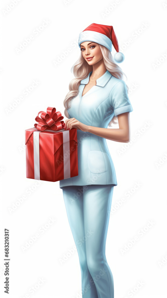 Santa nurse with gift box, stylish attire, white background. Santa nurse with gift box, stylish attire, white background.