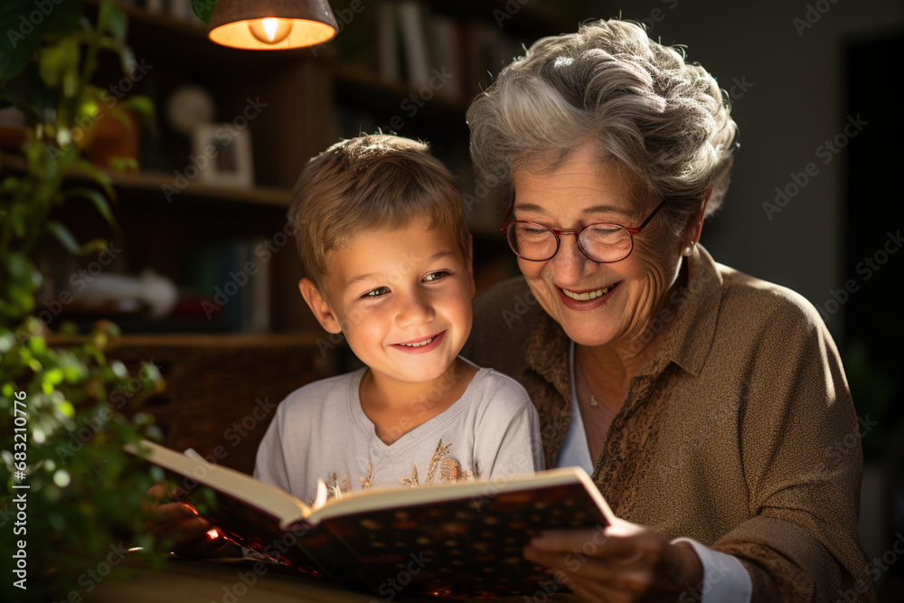 Nice moment of senior old lady female woman reading a book to her grand son kid child, enjoying special moment together in apartment. Reading educational fiction book together in family concept Nice moment of senior old lady female woman reading a book to her grand son kid child, enjoying special moment together in apartment. Reading educational fiction book together in family concept